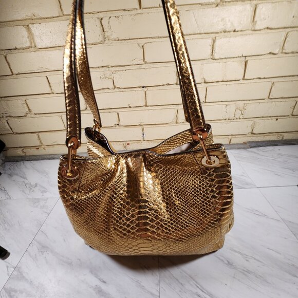 Michael Kors Raven Snakeskin Gold Leather Tote Bag Purse - Picture 2 of 14